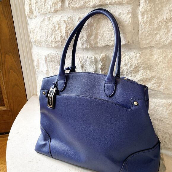 London Fog Royal Blue Faux Leather Double Handle Shoulder Bag Lined‎ - Picture 4 of 9